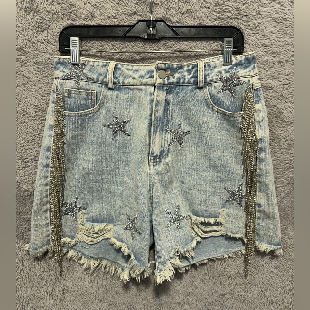 Blue B Denim Shorts Womens Large Fringe Rhinestone Cut Off Stars High Rise Jean
